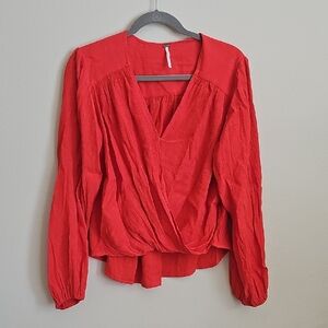 Free People Red Wrap Long Sleeve Blouse